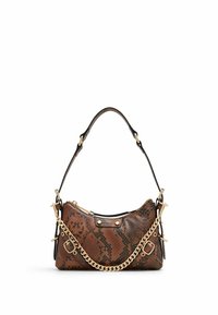 Sac à main en cuir effet peau de serpent marron et noir avec des garnitures dorées, une poignée supérieure et une bandoulière chaîne amovible. Fermeture éclair et clous décoratifs.