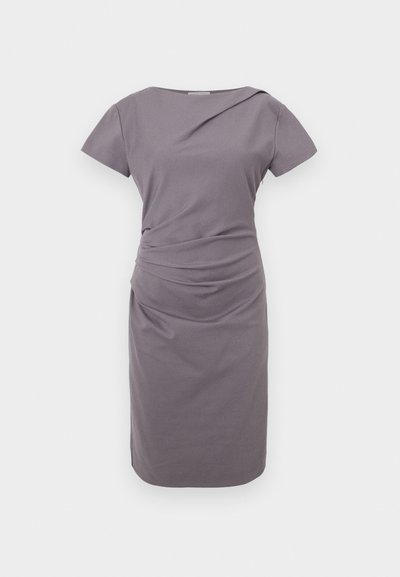 Gray short-sleeve dress with a fitted silhouette, featuring gathered detailing at the waist, smooth texture, and knee-length hem.