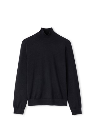 Maglione a collo alto nero realizzato in un morbido filato testurizzato, con maniche lunghe e polsini e orlo ribattuti. Silhouette semplice e liscia.