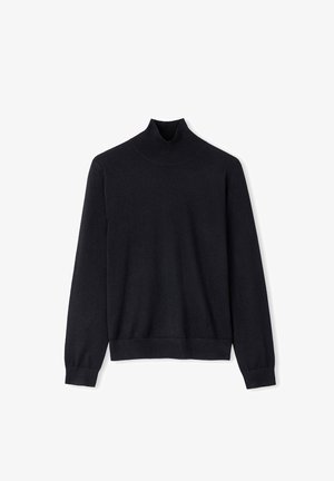 Maglione a collo alto nero realizzato in un morbido filato testurizzato, con maniche lunghe e polsini e orlo ribattuti. Silhouette semplice e liscia.