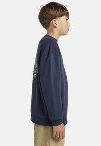 Navyblauwe sweatshirt met ronde hals, lange mouwen, ribgebreide manchetten en zoom. Beschikt over een kleurrijke grafische print op de achterkant.