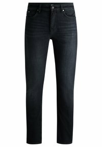 Dark denim jeans with a slim fit, featuring five pockets, a button closure, and subtle fading for texture. No visible branding on the front.