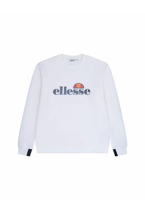 Witte sweatshirt van katoen met een groot grijs "ellesse" logo en een kleurrijke halve cirkel grafiek. Zwarte accenten op de mouwmanchetten.