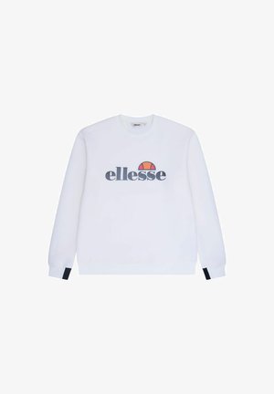 Sudadera blanca de algodón con un gran logotipo gris de "ellesse" y un gráfico en semicírculo colorido. Acentos negros en los puños de las mangas.
