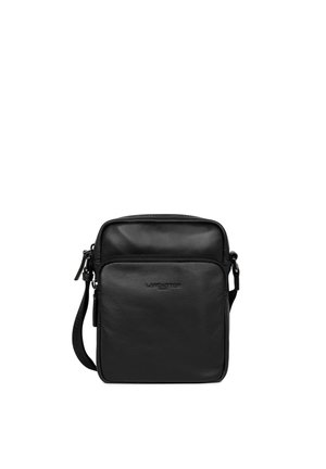 Black leather crossbody bag with a rectangular shape, featuring a zippered front pocket and adjustable strap. Smooth texture, minimal branding.