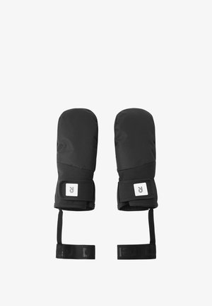 Czarne ocieplane rękawice z gładką fakturą, z regulowanymi paskami na nadgarstki i małym białym logo akcentującym mankiet.