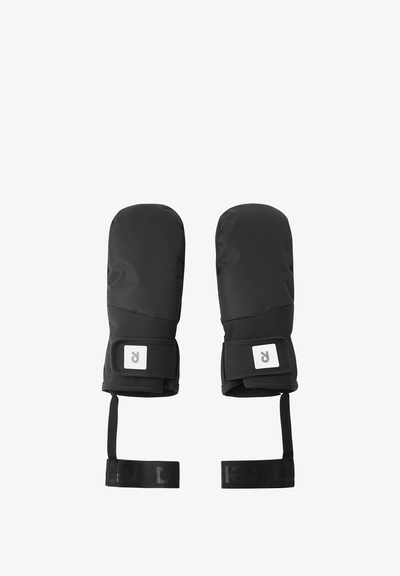 Schwarze gepolsterte Handschuhe mit glatter Oberfläche, ausgestattet mit verstellbaren Handgelenkriemen und einem kleinen weißen Logoakzent am Bündchen.