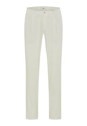 Pantaloni in velluto a coste verde chiaro con design a gamba dritta, dotati di due pieghe frontali e chiusura con bottone in vita.