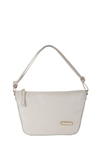 Borsa a spalla in pelle beige chiaro con chiusura a zip, tracolla regolabile e dettaglio in metallo dorato. Texture liscia e design minimalista.