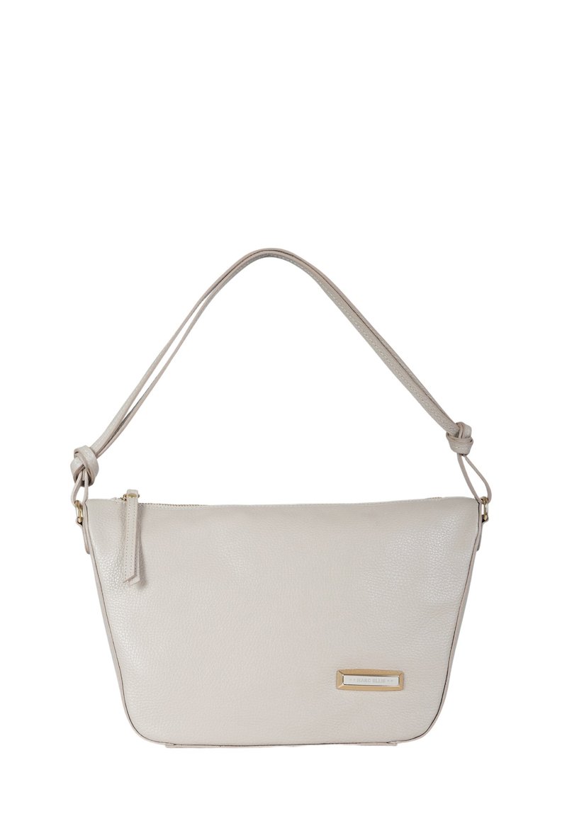 Borsa a spalla in pelle beige chiaro con chiusura a zip, tracolla regolabile e dettaglio in metallo dorato. Texture liscia e design minimalista.