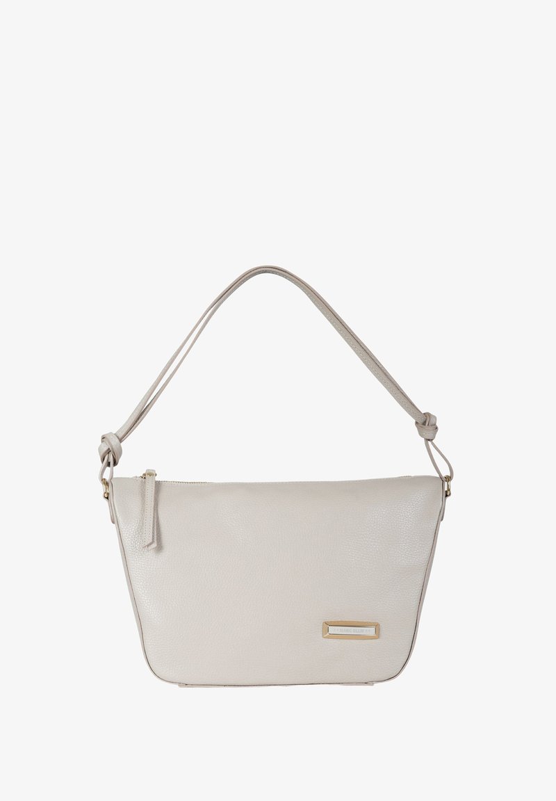 Borsa a spalla in pelle beige chiaro con chiusura a zip, tracolla regolabile e dettaglio in metallo dorato. Texture liscia e design minimalista.