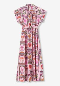 Robe à imprimé floral rose, avec un col, des manches courtes, une taille cintrée et une jupe fluide avec des motifs vifs.