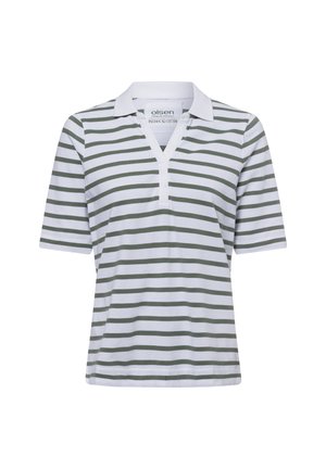 Striped polo shirt in white and green, made of organic cotton. Features a v-neck collar and short sleeves with contrasting white trim.