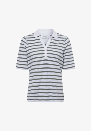 Gestreiftes Poloshirt in Weiß und Grün, aus biologischer Baumwolle gefertigt. Verfügt über einen V-Ausschnitt und kurze Ärmel mit kontrastierendem weißen Saum.