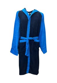 Accappatoio con cappuccio in tessuto di spugna blu navy scuro e blu brillante, dotato di cintura in vita, due tasche frontali e maniche lunghe.