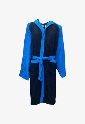 Accappatoio con cappuccio in tessuto di spugna blu navy scuro e blu brillante, dotato di cintura in vita, due tasche frontali e maniche lunghe.