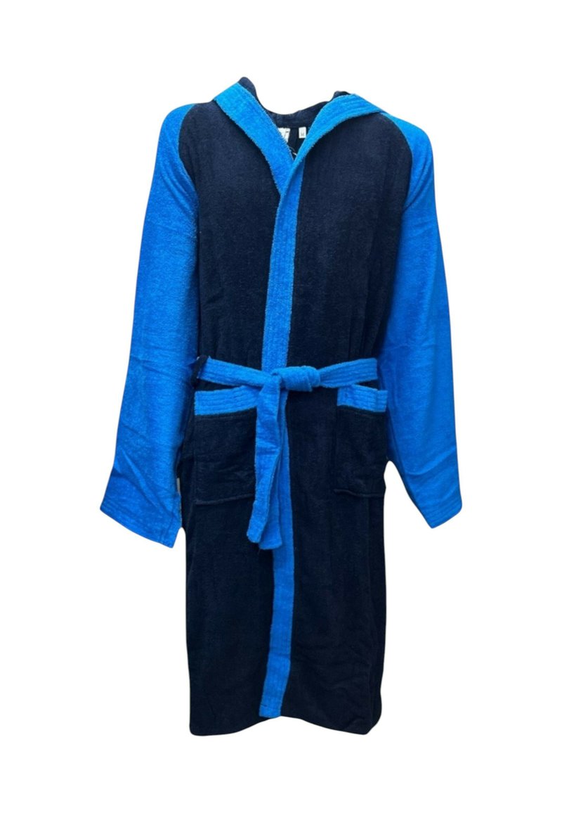 Accappatoio con cappuccio in tessuto di spugna blu navy scuro e blu brillante, dotato di cintura in vita, due tasche frontali e maniche lunghe.