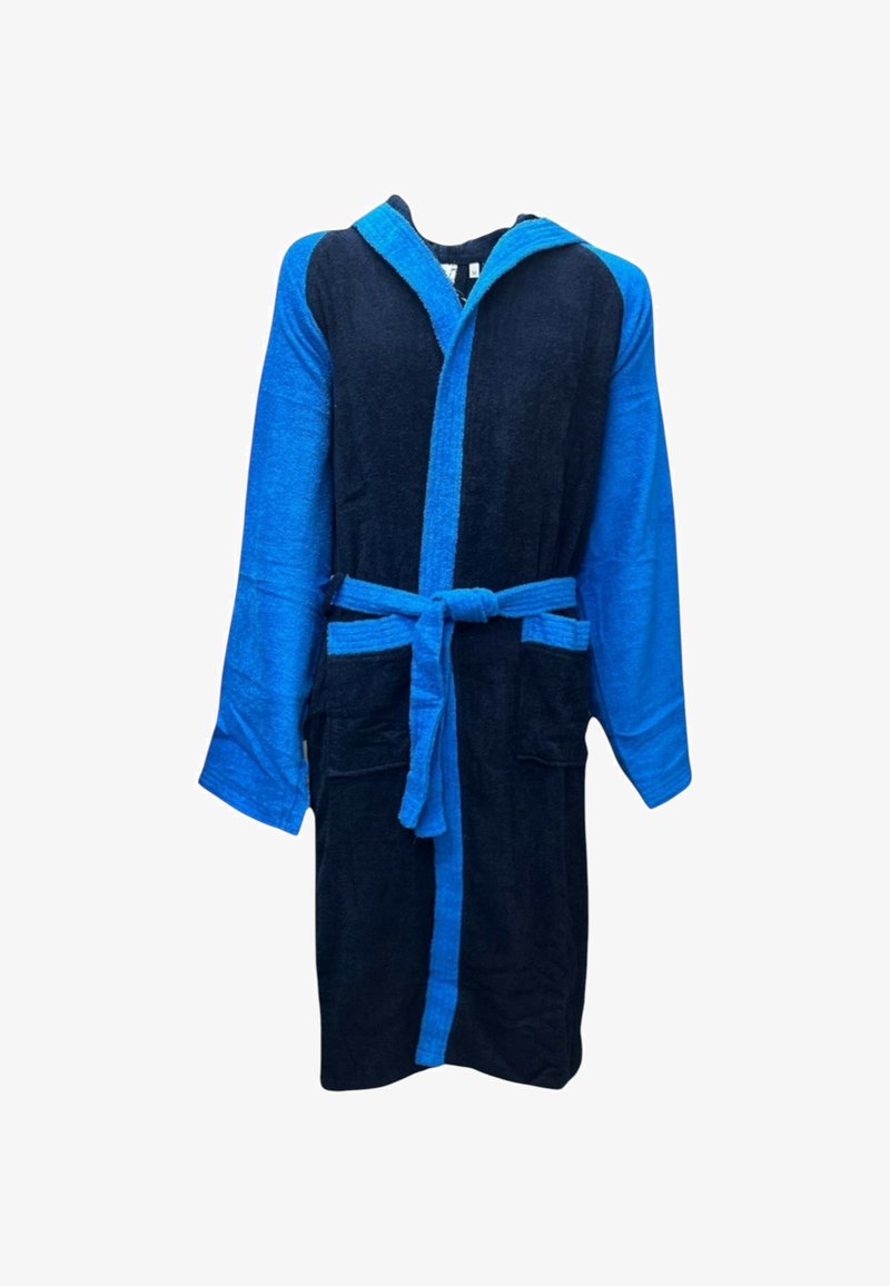 Accappatoio con cappuccio in tessuto di spugna blu navy scuro e blu brillante, dotato di cintura in vita, due tasche frontali e maniche lunghe.