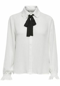 Blusa bianca realizzata in tessuto leggero, con colletto arricciato, papillon nero al collo e polsini elasticizzati. Design semplice con bottoni.