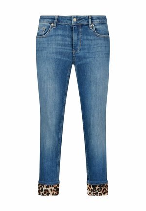 Lichtblauwe denim jeans met een slim fit, voorzien van mouwen met luipaardprint. De stof heeft een licht vervaagde textuur en een traditionele vijf-pocketontwerp.