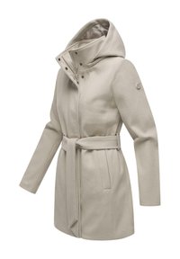 Cappotto in misto lana beige con vita regolabile, grande cappuccio, zip frontale e dettagli a bottoni. Presenta tasche laterali e una fodera interna liscia.