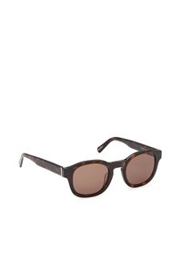 Verres carrés teintés marron avec monture écaille foncée brillante, lunettes de soleil inclinées vers la droite sur fond blanc.