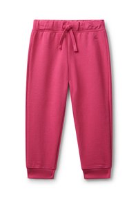 Fuchsiafarbene Jogginghose aus weichem Stoff, ausgestattet mit einem elastischen Bund mit Kordelzug und gerippten Bündchen. Glatte Textur ohne Muster.