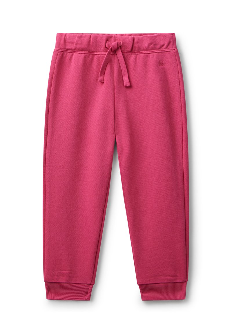 Fuchsiafarbene Jogginghose aus weichem Stoff, ausgestattet mit einem elastischen Bund mit Kordelzug und gerippten Bündchen. Glatte Textur ohne Muster.