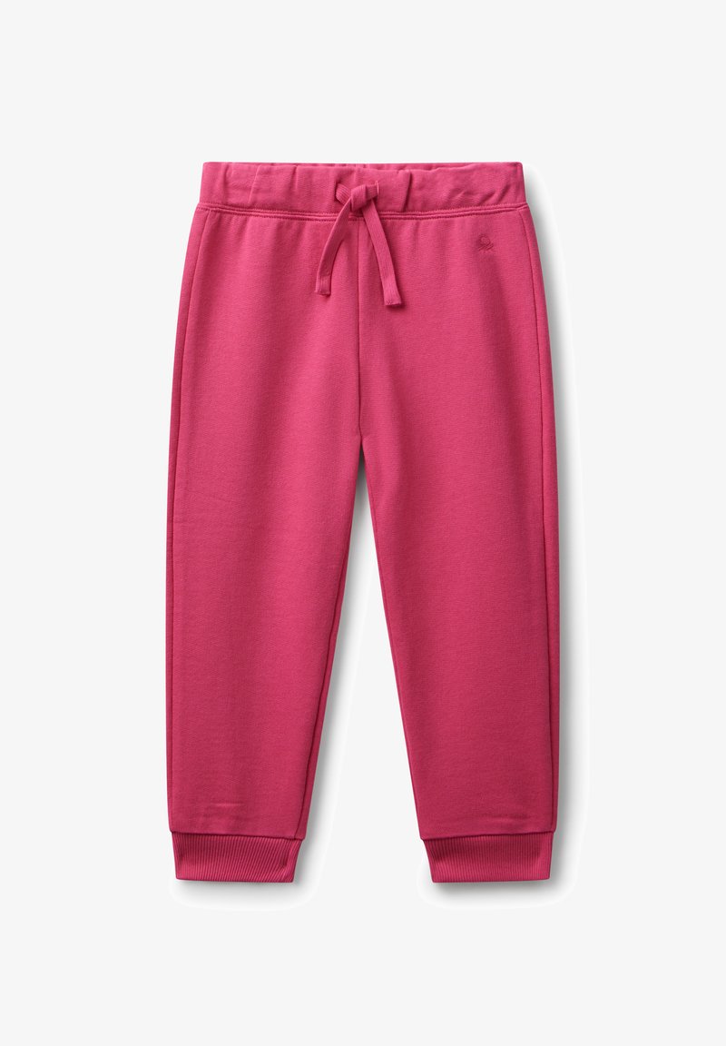 Fuchsiafarbene Jogginghose aus weichem Stoff, ausgestattet mit einem elastischen Bund mit Kordelzug und gerippten Bündchen. Glatte Textur ohne Muster.