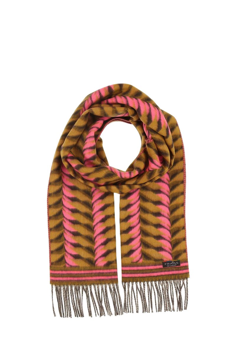 Sciarpa marrone e rosa con bordi frangiati. Il materiale sembra morbido e caldo, con una combinazione di design ondulati e strisce.