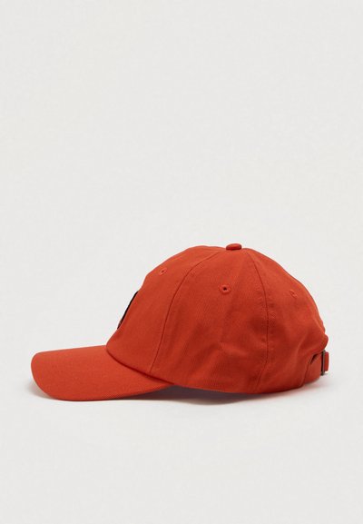 Orange baseball cap with a structured crown, curved brim, and adjustable strap at the back. Features embroidered logo on the front.