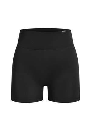 Schwarze, enganliegende Sportshorts aus Stretchstoff. Hoher Bund mit flachen Nähten, keine sichtbaren Muster oder Akzente. Glatte Textur.
