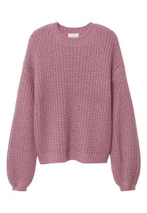 Pull en maille épaisse mauve à col rond, manches longues ballon, poignets et ourlet côtelés.