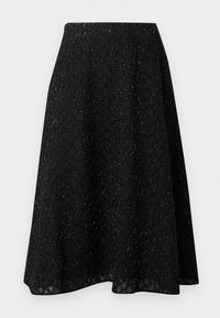 Sort midi-nederdel lavet af tekstureret stof med et diamantmønster og en subtil glans. A-formet silhouet med en flydende form.