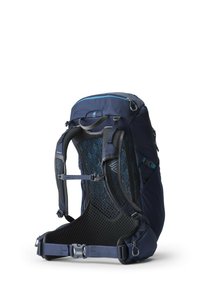 Sac à dos bleu marine avec panneau arrière en maille, bretelles ajustables et poches zippées. Tissu texturé et accents métalliques bleus. Design ergonomique.