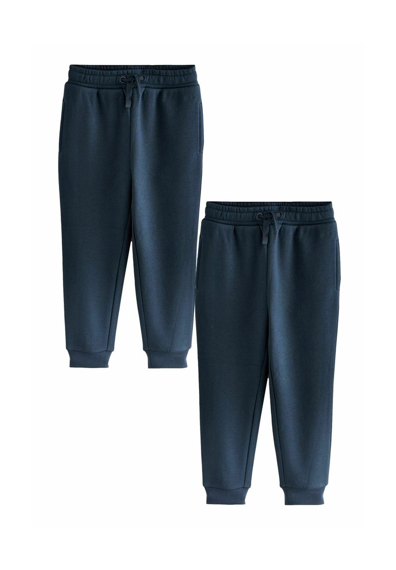 Mörkblå för pants med dragsko i midjan, ribbade muddar och sidfickor; slät textur med en vanlig passform.