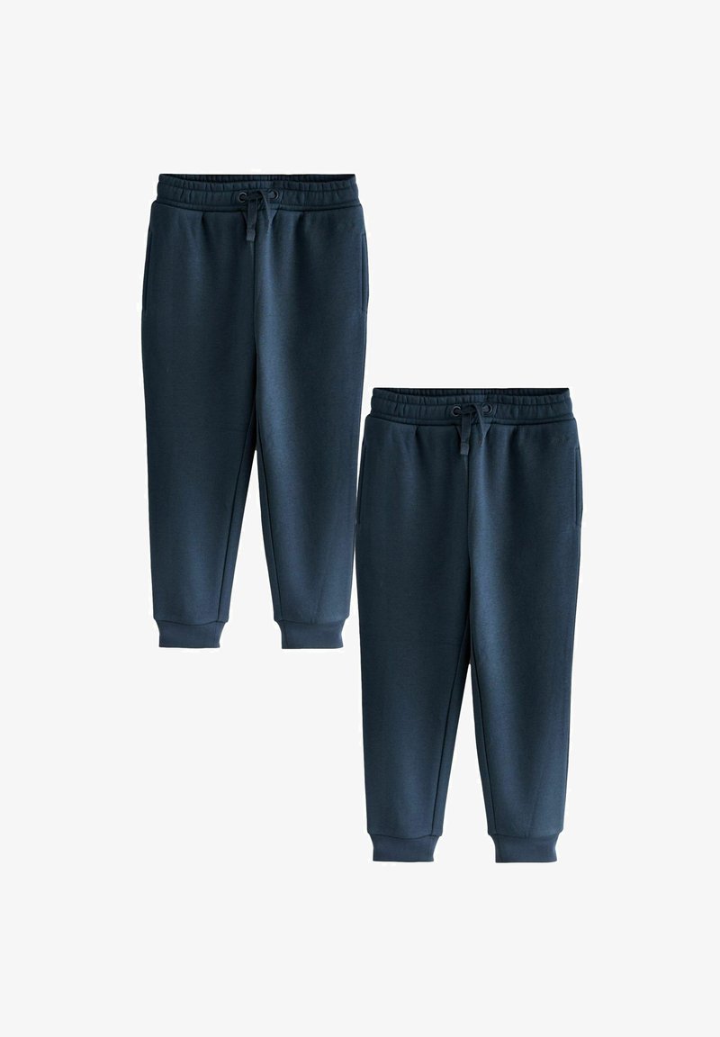 Dunkelblaue Jogginghose mit verstellbarem Bund, gerippten Bündchen und Seitentaschen; glatte Textur mit normaler Passform.