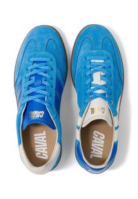 Paire de baskets en daim et cuir bleu avec des accents blancs et des lacets bleus, vue de dessus sur fond blanc.