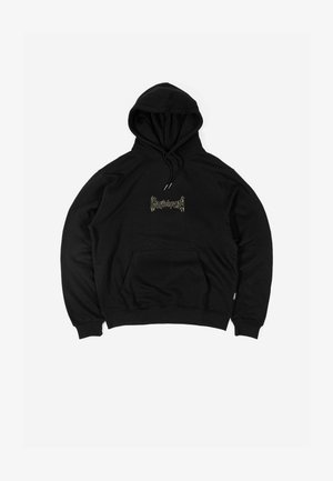 Black hooded sweatshirt with front pocket and intricate light gray gothic-style text centered on the chest.