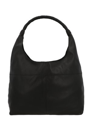 Čierna kožená kabelka s pletenou rukoväťou, tvaru hobo, a hladkým povrchom. Vyznačuje sa jednoduchým a čistým dizajnom so švy.
