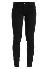 Mustat kapeat farkut, jotka on valmistettu denimistä, sisältävät normaalikorkean vyötärön, etutaskut ja tyylikkään istuvuuden vyötäröltä nilkkaan.