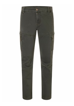Olivgrüne Cargohosen mit geraden Beinen, aus leichtem Stoff, mit seitlichen Taschen mit Reißverschlüssen und minimalen Nahtdetails.