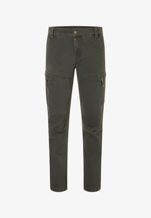 Olive green cargo pants with straight legs, made of lightweight fabric, featuring side pockets with zippers and minimal stitching details.