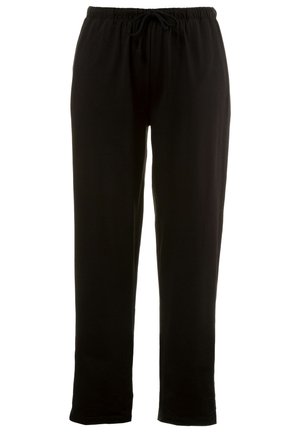 Pantalones de algodón ligeros y negros con una cintura elástica y cordón ajustable. Presentan un diseño de pierna recta y una textura suave.