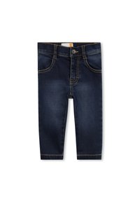 Jeans in denim blu scuro con una vestibilità slim, cinque tasche e cuciture gialle a contrasto. Presentano una chiusura anteriore con bottone e zip.