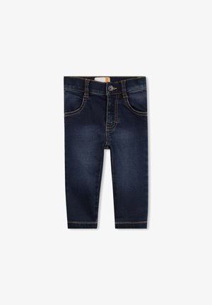 Jeans in denim blu scuro con una vestibilità slim, cinque tasche e cuciture gialle a contrasto. Presentano una chiusura anteriore con bottone e zip.