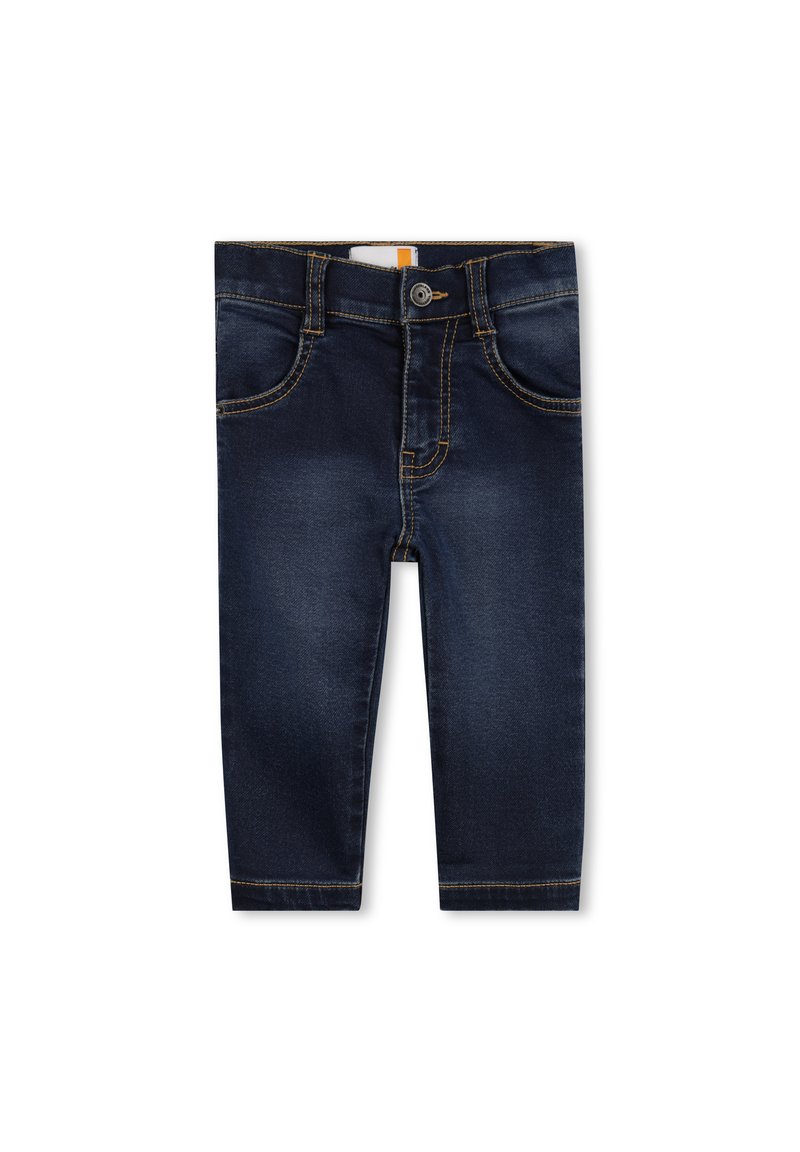 Jeans in denim blu scuro con una vestibilità slim, cinque tasche e cuciture gialle a contrasto. Presentano una chiusura anteriore con bottone e zip.