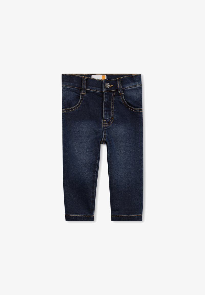 Jeans in denim blu scuro con una vestibilità slim, cinque tasche e cuciture gialle a contrasto. Presentano una chiusura anteriore con bottone e zip.