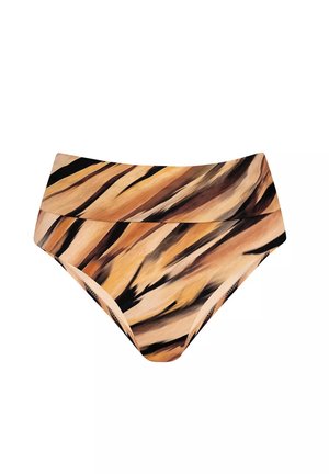 Bikini z wysokim stanem w wzorze tygrysich pasków, w odcieniach beżu, brązu i czerni, wykonany z gładkiego, elastycznego materiału.