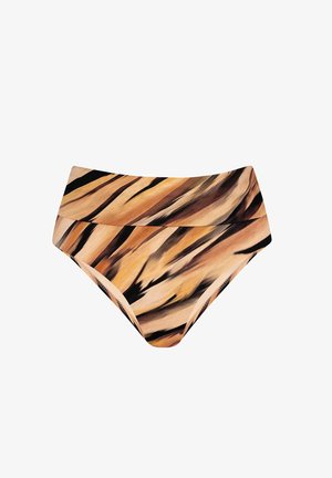 Bikini z wysokim stanem w wzorze tygrysich pasków, w odcieniach beżu, brązu i czerni, wykonany z gładkiego, elastycznego materiału.